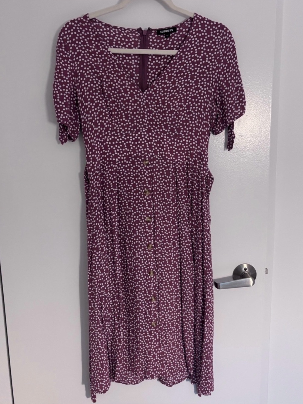 Express Purple Dot Button-Front Midi Dress